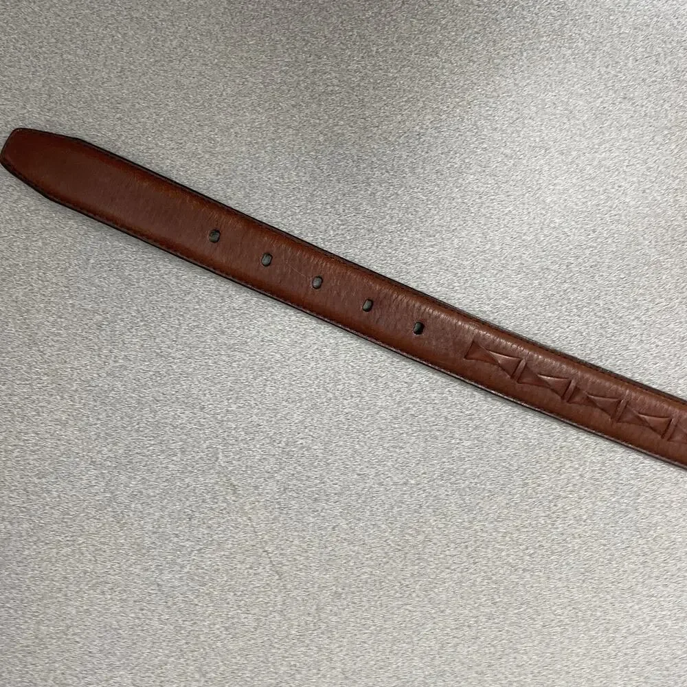 Fossil Brown Leather Belt Mens 38 Silver Buckle Woven 1.25